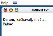 Primer naših slova — TextEdit, Apple OS X Đeram, mačkavalj, mašta, žabac