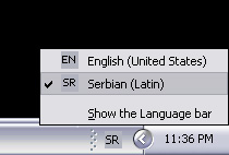 Windows XP - Indikator aktivne tastature se nalazi u donjem desnom uglu ekrana. Aktiviranjem, birate željenu tastaturu.