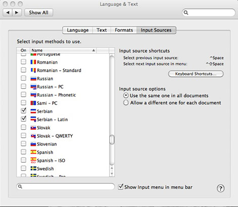 Dodavanje srpskih slova, OS X 10.6 (Snow Leopard), System Preferences OS X Leopard dodavanje srpskih slova